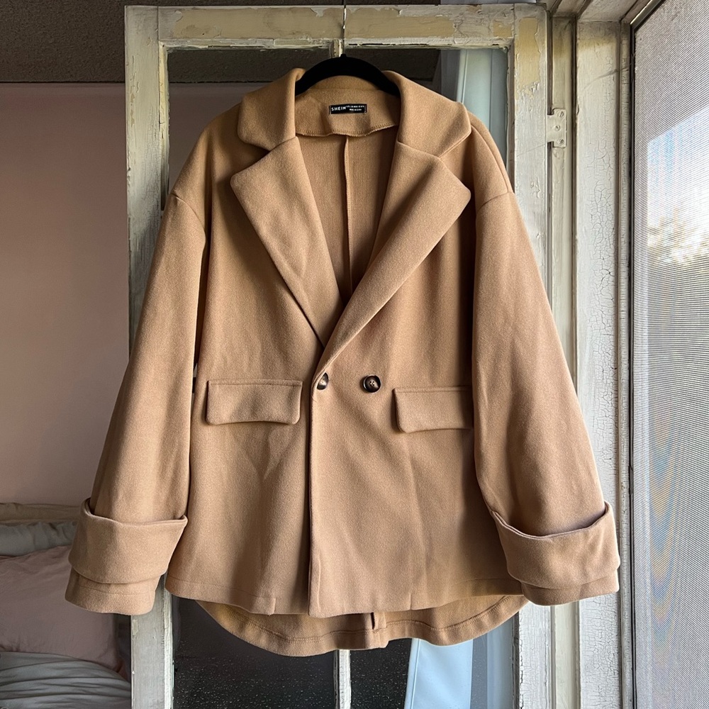 Shein Camel Front Button Relaxed Blazer Coat Jacket